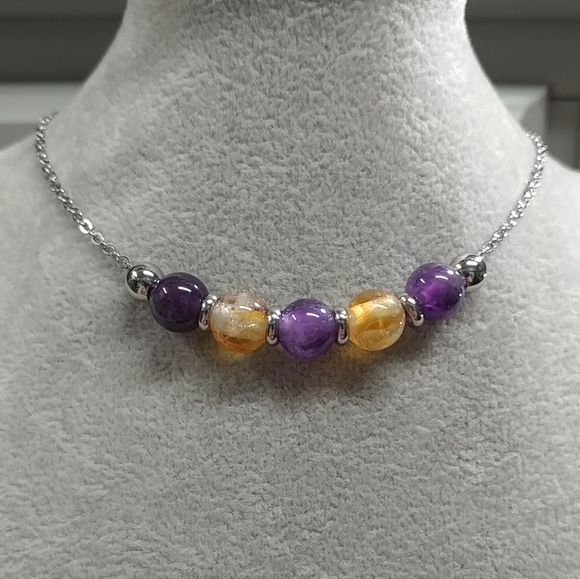 Citrine Amethyst Bead Necklace Natural Gemstone Crystal Stainless-Steel Chain - Picture 8 of 11